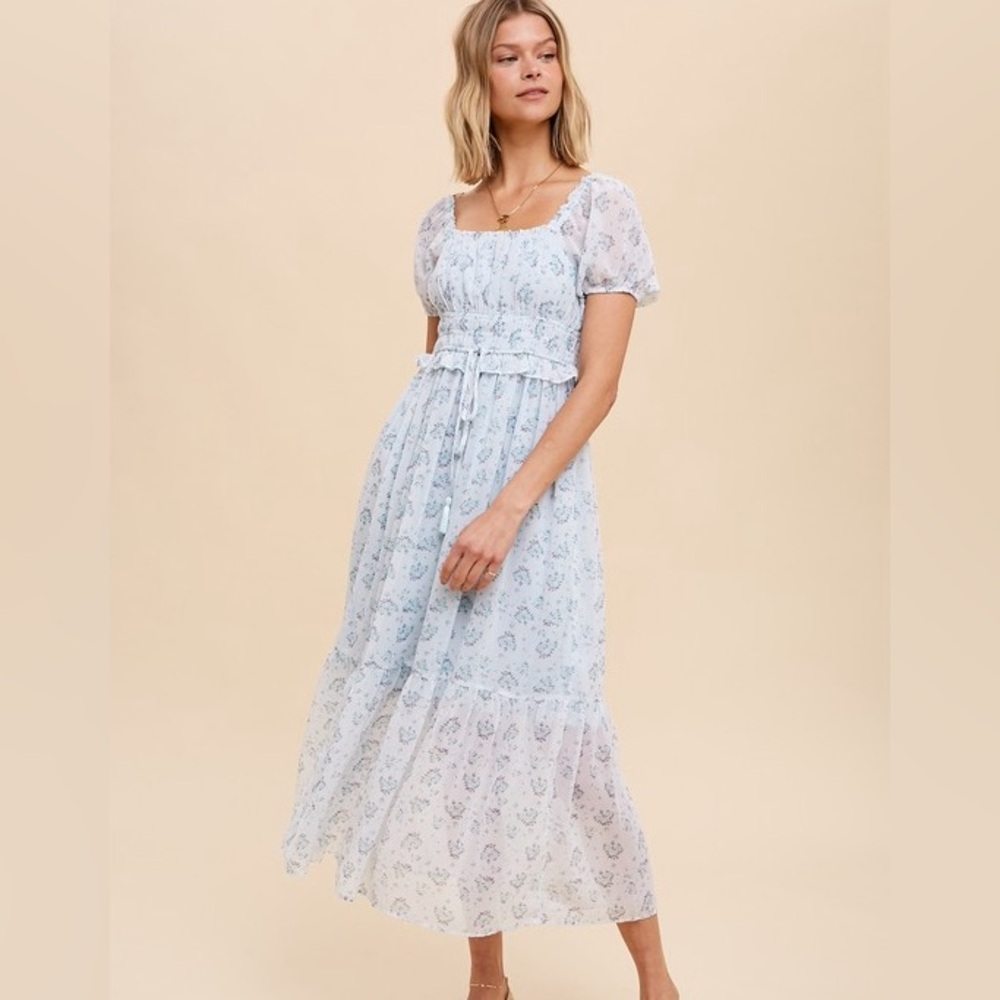French Bleu Floral Peasant Puff Sleeve Midi Dress